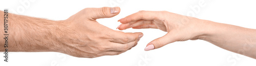 Female and male caucasian hands isolated white background showing handshake gesture, greetings. woman and man hands showing joint different gestures