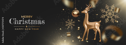 Happy new year banner with realistic golden deer and confetti, tinsel, snowflake. Festive decoration on dark background. Vector holiday illustration for banner, postcard, website.