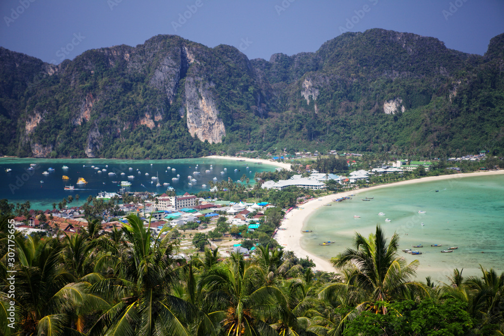 View of the mountains, city and sea from the observation deck of the island Phi Phi. Thailand.