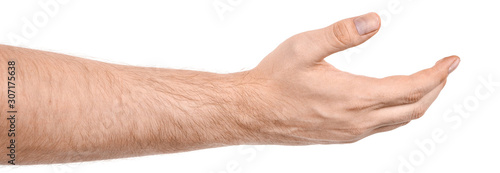 male caucasian hands isolated white background showing gesture holds something or takes, gives. man hands showing different gestures