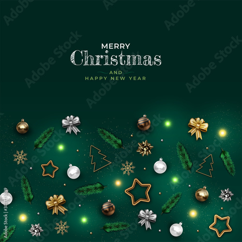 Happy New Year and Merry Christmas. Realistic Xmas decoration with gold star, ball, ribbons, pine branches. Vector holiday illustration for banner, postcard, website.