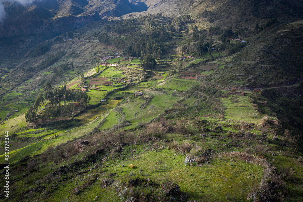  Forests, fields over mountains in Sacred Valley in Cusco.