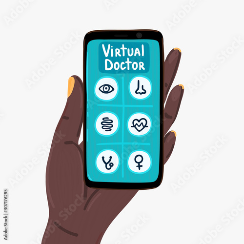 Virtual doctor. Mobile app. Smartphone in hand of African American woman. Medical assistance online. Healthcare. Medical examination. Video communication. Design for banner, landing page. Vector
