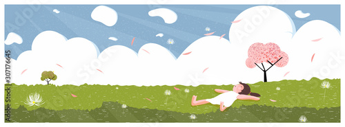 vector illustration of spring summer scene.Little girl Lie on your back at the lawn or yard with happy face.Windy,apple blossom and dandelion flower sweep away.Banner for spring and summer.