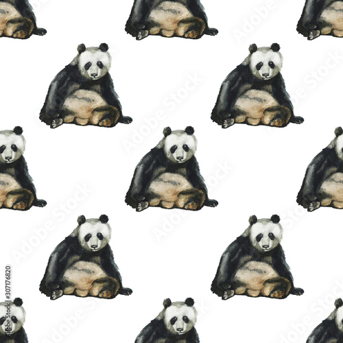 Fototapeta Naklejka Na Ścianę i Meble -  Watercolor seamless pattern with panda hand drawing decorative background. Print for textile, cloth, wallpaper, scrapbooking