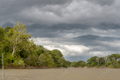 Landscape and river with rainstrom coming in, Pantanal, Mato Grosso, Brazil