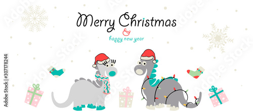 Merry Christmas and happy new year greeting banner card design with cute dinosaurs.