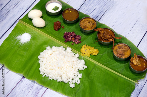 South Indian meals, complete food on a banana leaf.