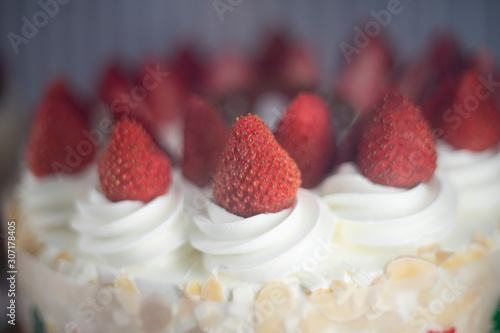 Fotografia, Obraz Fresh strawberry topping over whipping cream on cake