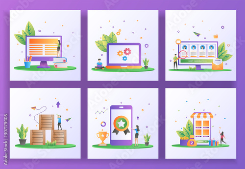 Set of flat design concept. Online learning, Maintenance, Online recruitment, Logistic Distribution, High quality, Cash back. Can use for web landing page, app, banner template. Vector Illustration