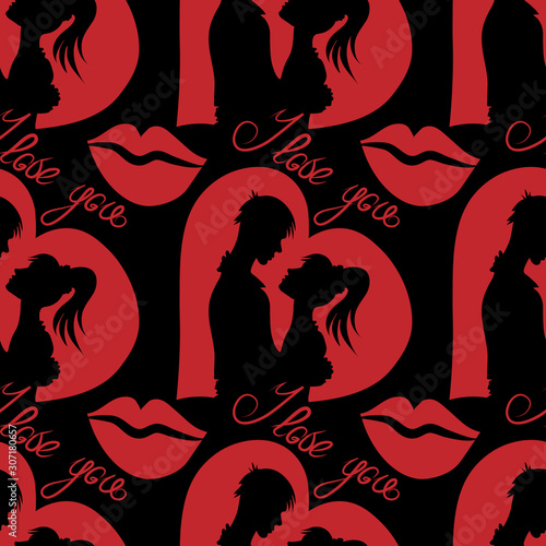 Silhouettes of lovers on the background of hearts, Valentine's day, seamless pattern