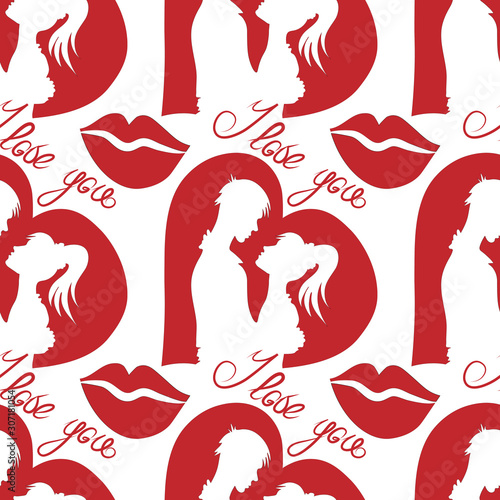 Silhouettes of lovers on the background of hearts, Valentine's day, seamless pattern