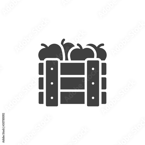 Apples in wooden box vector icon. filled flat sign for mobile concept and web design. Wooden crate box with apples glyph icon. Symbol, logo illustration. Vector graphics