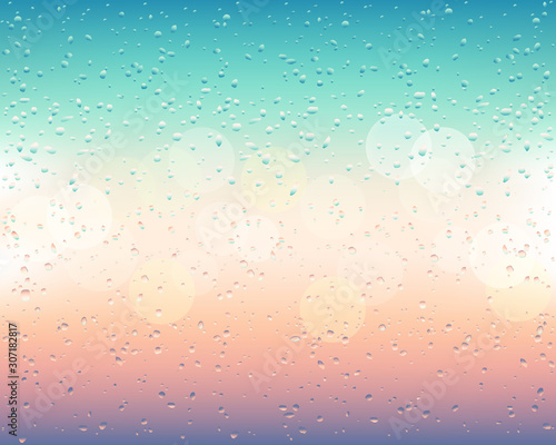Drops and trickles of water on the glass. Raindrops on a blurred window background with bokeh. Sparkling dawn or shiny evening. Gradient mesh