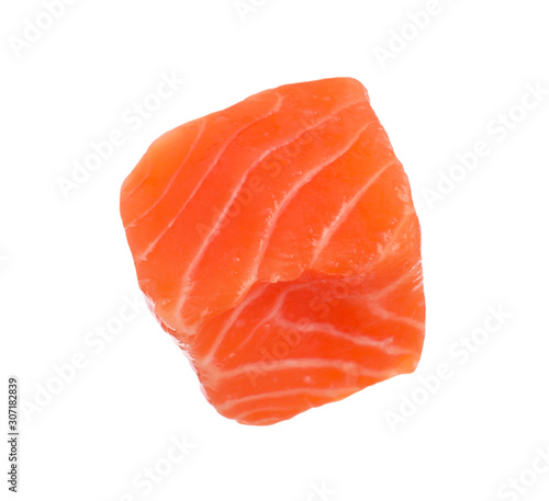 Piece of fresh raw salmon isolated on white. Fish delicacy