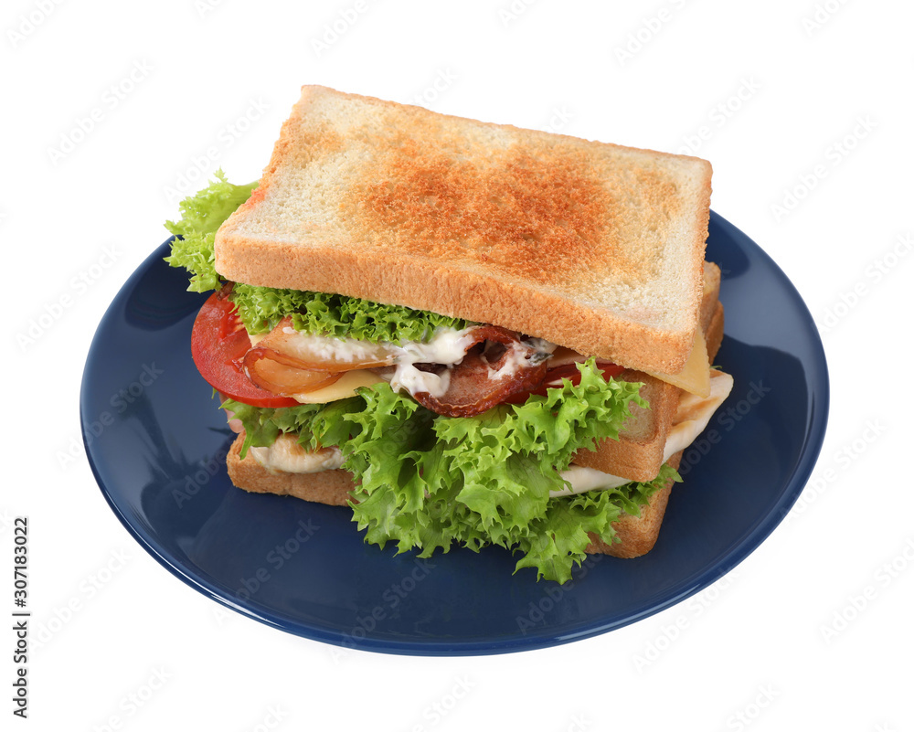 Yummy sandwich with bacon and chicken isolated on white Yummy sandwich with bacon and chicken isolated on white