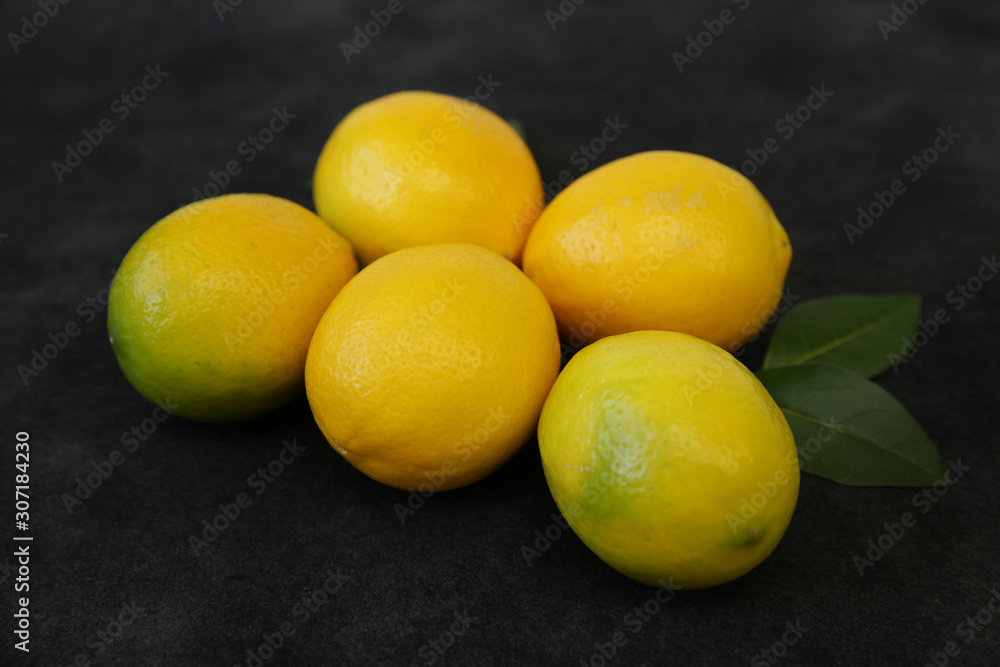 Juicy lemons on a branch with leaves on a black background. Organic fruits for a healthy diet. Close-up. Juicy lemons on a branch with leaves on a black background. Organic fruits for a healthy diet. Close-up.