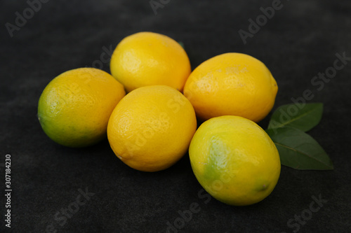 Juicy lemons on a branch with leaves on a black background. Organic fruits for a healthy diet. Close-up.