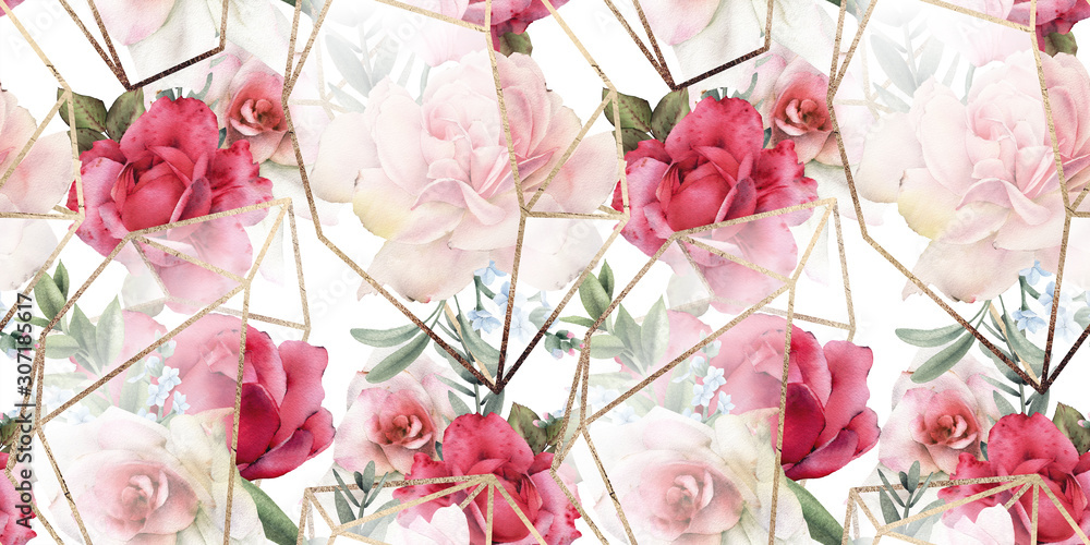Fototapeta Seamless floral pattern with flowers on light background, watercolor. Template design for textiles, interior, clothes, wallpaper. The geometry of the crystal. Golden texture