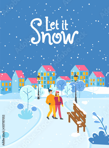 Let it snow festive postcard with couple going near snowy bench. Greeting winter card with snowflakes and dark view outdoor. Invitation poster with people walking near buildings in frost season vector