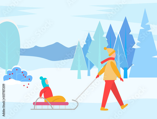 Winter landscape and people walking outdoors. Woman with child sitting on sleds. Mom and kid on vacation strolling in forest passing pine trees and mountains in distance. Vector in flat style