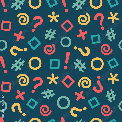 Seamless pattern with illustration of geometric shapes and grammar icons