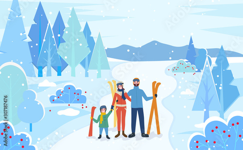Family stand together in winter snowy forest. Mother, father and child with skis. People ready to go skiing on downhill. Parents spend time with kid doing wintertime activity. Vector illustration