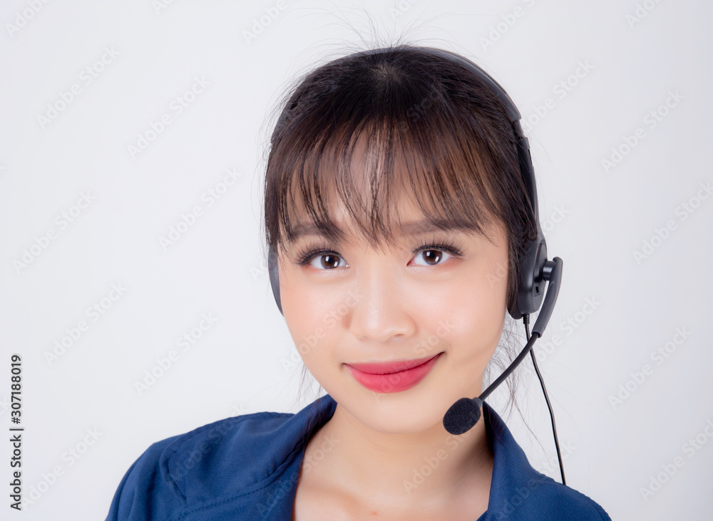 Beautiful young asian business woman customer service job call center in headset isolated on white background, girl speaking assistant in hotline support phone operator, communication concept. Beautiful young asian business woman customer service job call center in headset isolated on white background, girl speaking assistant in hotline support phone operator, communication concept.