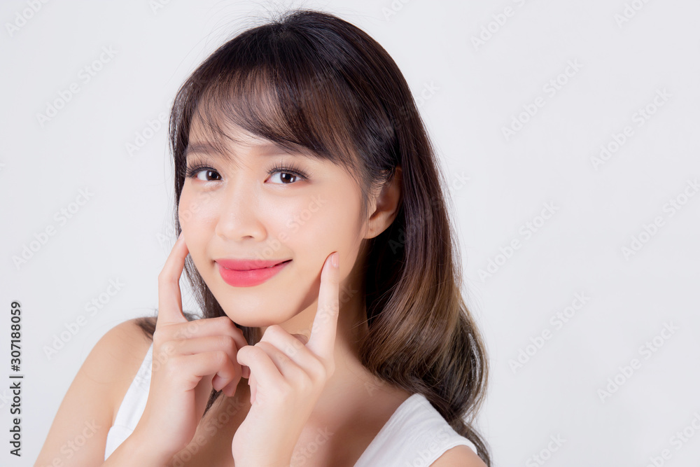 Beautiful woman asian makeup of cosmetic, beauty asia girl hand touch cheek and smile attractive, face of beauty perfect with wellness isolated on white background with skin healthcare concept. Beautiful woman asian makeup of cosmetic, beauty asia girl hand touch cheek and smile attractive, face of beauty perfect with wellness isolated on white background with skin healthcare concept.