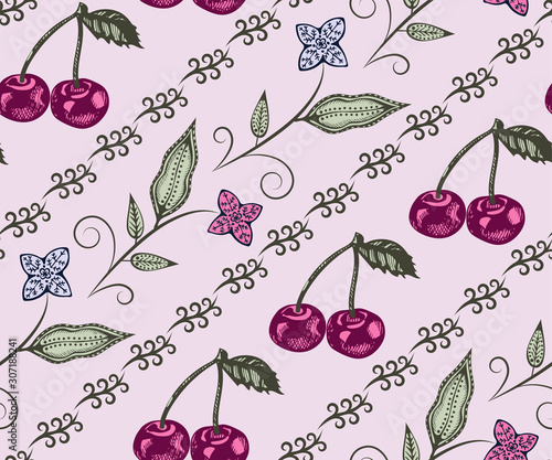 Seamless pattern with berry. Hand drawing decorative background. Vector pattern. Print for textile, cloth, wallpaper, scrapbooking