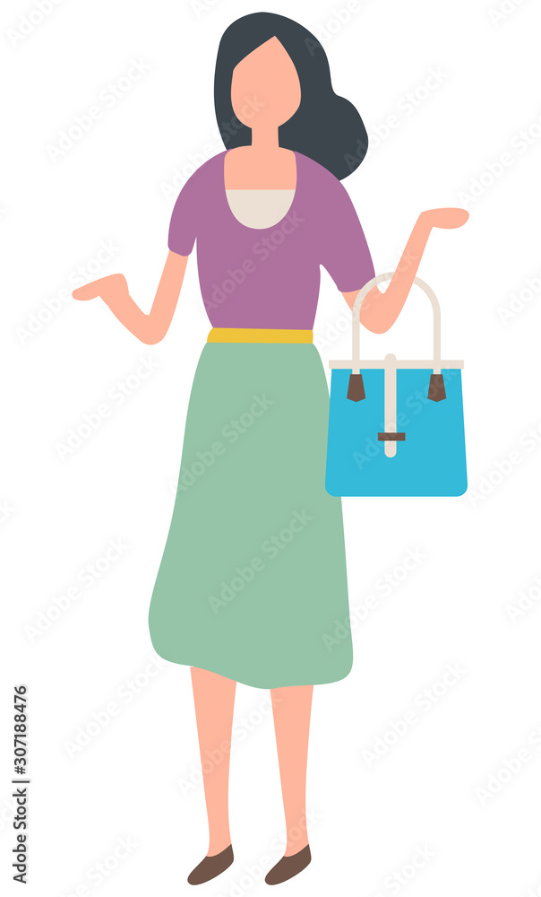 Woman in dress holding handbag, female character choosing. Element of shopping, sale old collection, business retail, lady in store, discount vector