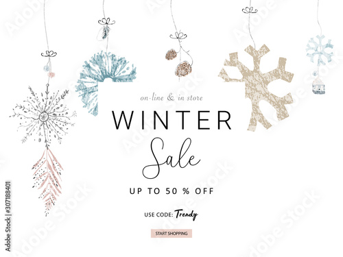 Social media banner template for advertising winter arrivals collection or seasonal sales promotion. Cute hand drawn background with Christmas tree decoration elements imitating watercolor paintings