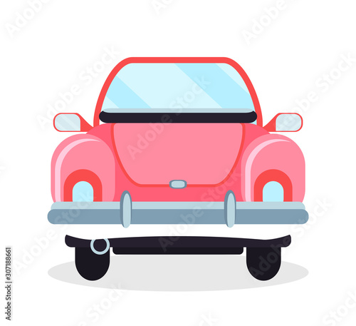 Retro car, back view of old vehicle, pink cabriolet in flat design style, wheels and motor, light and glass, side mirrors, old-fashion automobile vector