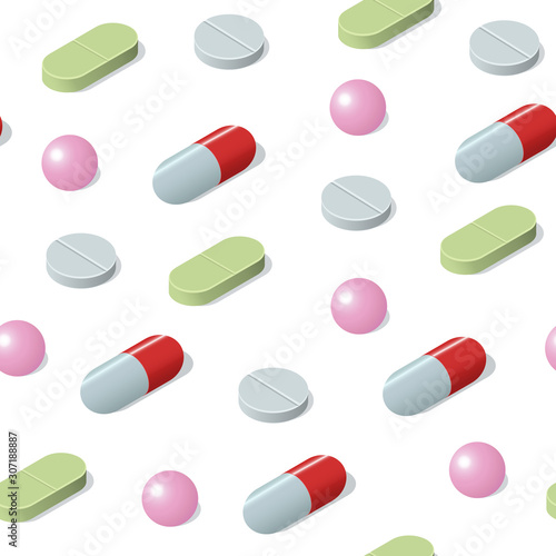 Isometric seamless pattern with different medical pills, tablets, capsules isolated on white background. Vector medical illustration.