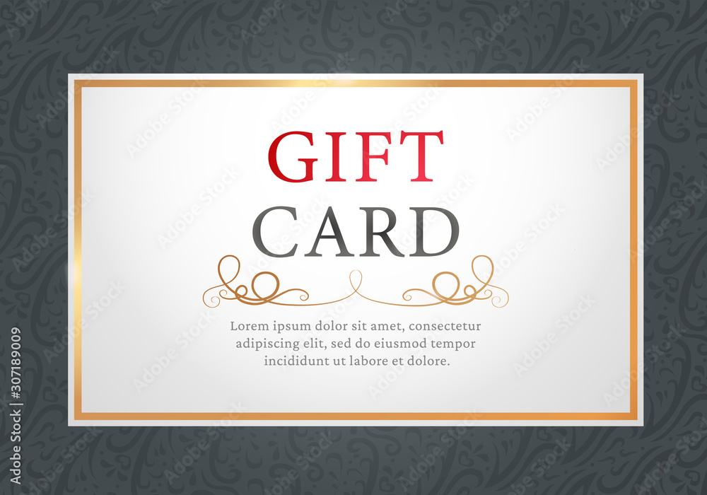 Gift card decorated by curly symbols and text template on white. Holiday postcard or coupon object with colorful lettering. Invitation banner icon with decorative elements and red frame vector