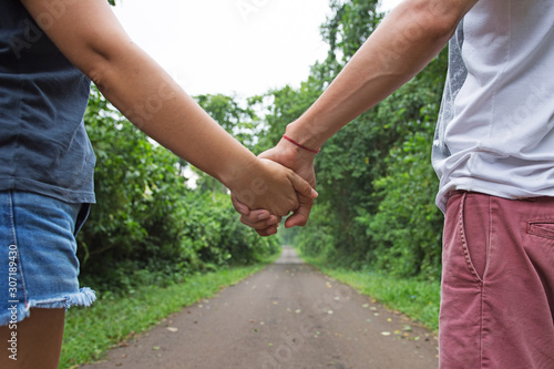 Young adult couple walking while holding hands with nature footpath on background © Jopstock