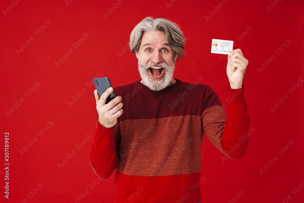 Portrait of gray-haired old man holding smartphone and credit card Portrait of gray-haired old man holding smartphone and credit card