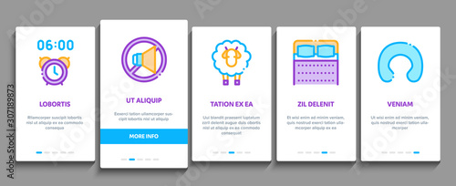 Sleeping Time Devices Onboarding Mobile App Page Screen. Sleeping Human Silhouette, Pillow And Bed, Clock And Book, Moon And Cup Of Tea Concept Illustrations