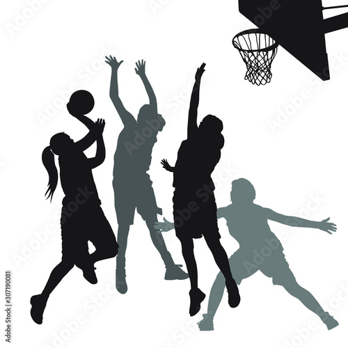 Vector silhouettes of girls highschool basketball players.
