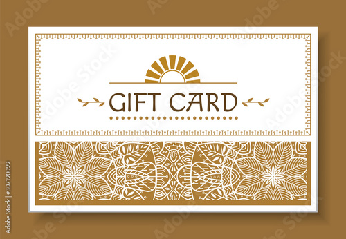 Festive gift card with mandala isolated on brown. Greeting postcard with repeated decorative design, geometric waves on paper. Template of shopping certificate. Vector illustration in flat style