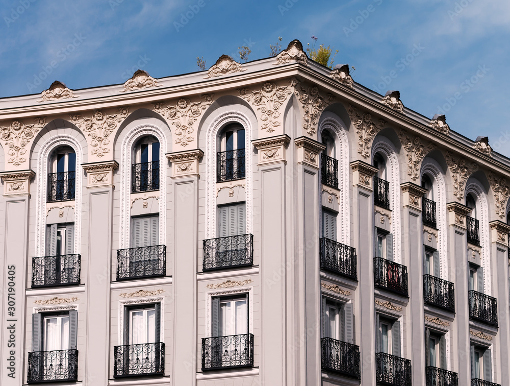 Facade of apartment building in Madrid, Spain