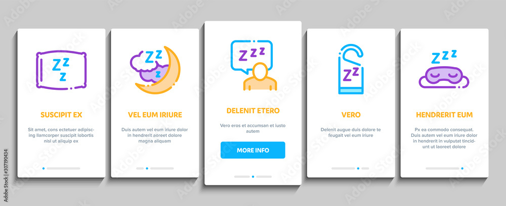 Sleeping Time Devices Onboarding Mobile App Page Screen. Sleeping Human Silhouette, Pillow And Bed, Clock And Book, Moon And Cup Of Tea Concept Illustrations