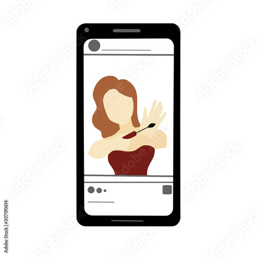 Social network feed on your smartphone. Beauty blogger shows off mascara. Vector illustration