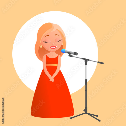 Beautiful blonde girl singing into a microphone. Dressed in a red evening dress. Cartoon vector illustration.