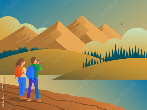 A man and a woman travel in the wild with a camera. Evening wildlife landscape with forests, hills and mountains. In the distance, an eagle flies among the clouds. Vector illustration.