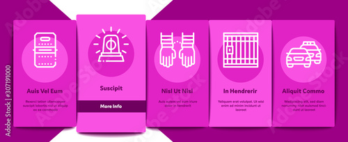 Police Department Onboarding Mobile App Page Screen. Policeman Silhouette, Police Badge And Body Armor, Helmet And Gun And Truncheon Concept Illustrations