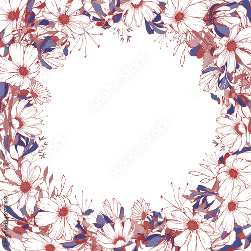 Frame of contour red  white  blue flowers and leaves on white background. Copy space. Hand drawn. For your design  greeting cards  wedding invitation. Vector floral stock illustration.