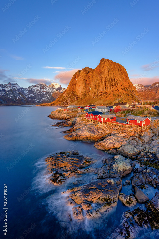 Classic view of Hamnoy at blue hour, near Reine on Lofoten Islands, Norway, Scandinavia