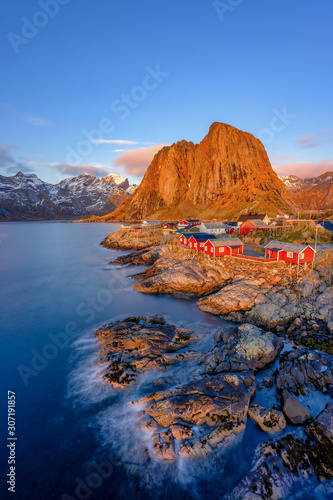 Classic view of Hamnoy at blue hour, near Reine on Lofoten Islands, Norway, Scandinavia © reisegraf