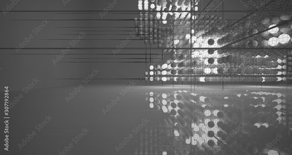 Obraz premium Abstract architectural white interior of spheres with neon lighting. Drawing. 3D illustration and rendering.